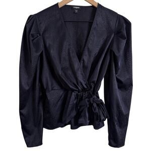 Express Black Snake Skin Puff Sleeve Wrap Front Peplum Blouse Top Size XS